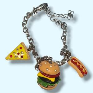 Vintage Colorful Enamel Metal Hamburger Hot Dog Pizza Charm Bracelet 7.5-10"